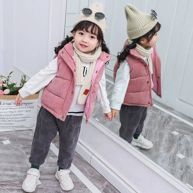 Boys Girls Children Casual Sleeveless Coats Autumn Winter Kid Clothing Corduroy Stand-Up Collar Vest Winter Clothes Vest Jackets