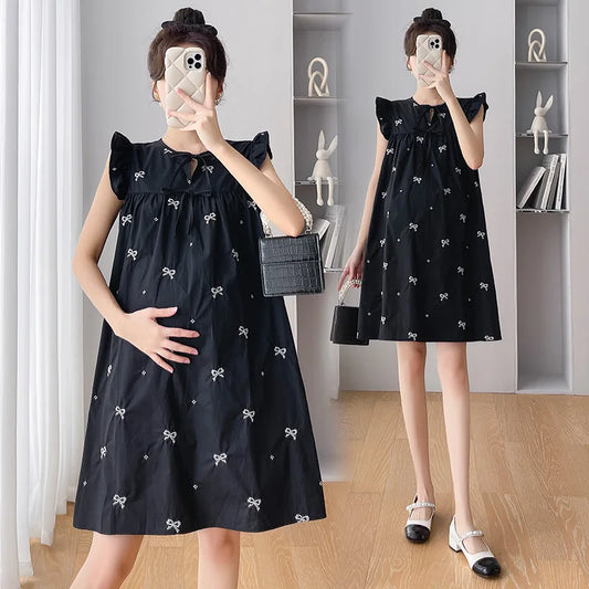 Flying Sleeve O-neck Maternity A-Line Dress Black Elegant Pregnat Woman Loose Dress with White Patterns Fashion Pregnancy Dress