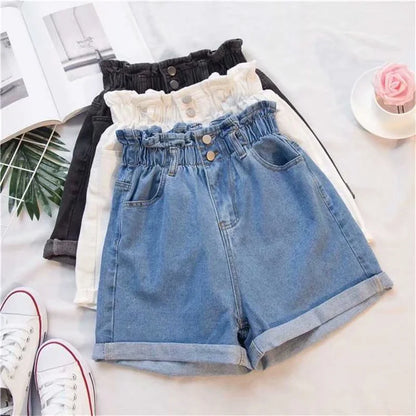 Summer Black Women's Denim Shorts Large Size Harem Ruffle White High Waisted Shorts Elastic Waist Jeans for Women