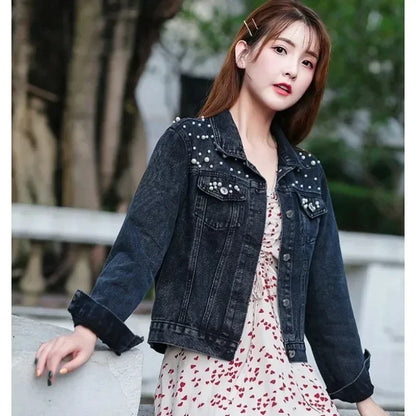 Women's Short Denim Jacket Beaded Pearl Jacket Loose Spring and Autumn New Denim Jacket Fashion Casual Women's Jacket