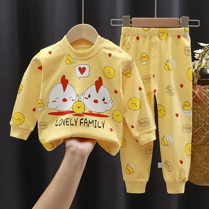 2024 Ins Autumn Children Boys 2PCS Pajamas Set Pure Cotton Warm Full Printed Stretch Kids Girls Sleepwears Toddler Girl Homewear