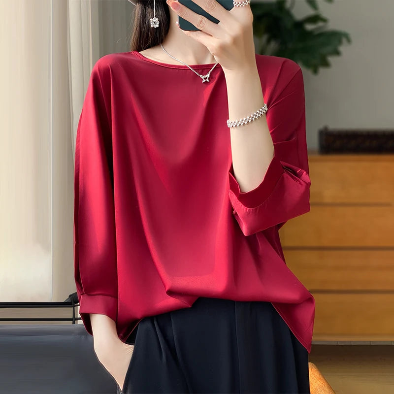 New Acetic Satin Nine-Sleeve T-shirt in Summer Women's Round Neck Loose Large Size Wide Sleeves Outside