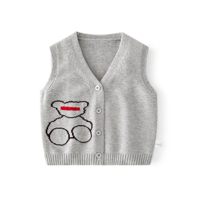 Spring Autumn Little Girls Knitwear Knitted Cartoon Duck Bowknot Toddler Girls Vest V Collar Elastic Hem Children Girl Waistwear