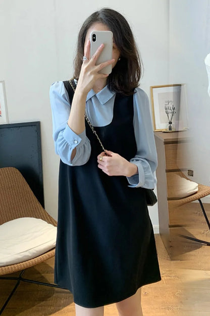 2024 autumn maternity dress preppy style pregnant women long sleeve loose dresses block color plus size pregnancy vintage dress