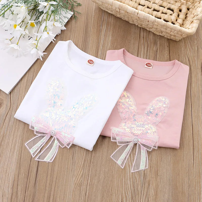 Baby Girls Sequin Short Sleeved T-Shirt 2024 Summer Kids Top Tees O Neck Shirts 2 To 8Yrs Children's Clothes Korean Style