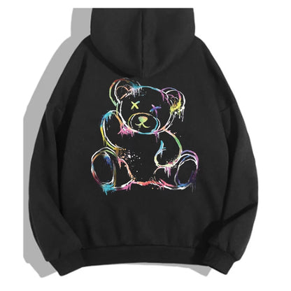 Cartoon Bear Printed Drawstring Hoodie Women's Casual Long Sleeve Fleece Hoodie Fashion High Street Y2K