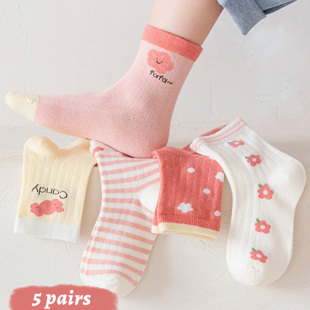 5Pairs 1-16Years Girls Cotton Mid-tube Socks Woman Children's Clothes For Autumn Classic Ports Socks Fashion High-Elastic