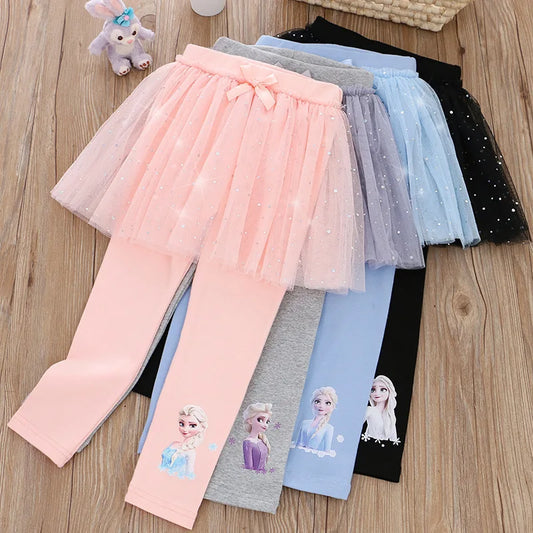 Quality Cotton Girls Skirt Pants for Children Disney Frozen Elsa Princess Skirts Baby Girl Pink Blue Trouser Lace Kids Leggings