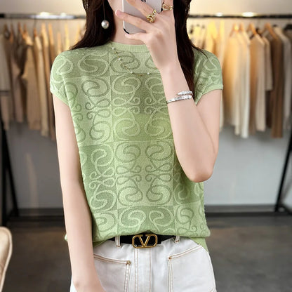 Summer New Women Wool Short-sleeved T-shirt Sweater O-neck Slim  Vest Pullover Skin friendly Fabric Base Knitted Top Tees