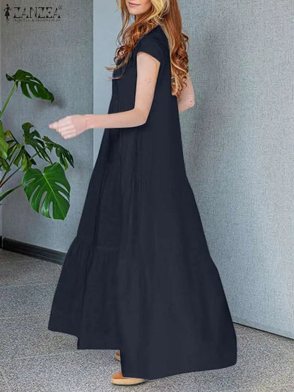 2024 ZANZEA Summer Maxi Long Dress Women Bohemian Holiday Sundress V Neck Short Sleeve Robe Femme Casual Loose Ruffles Vestidos