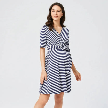 Women's Striped Maternity Shirt Dress, High-waisted Maternity Dress, V-neck, Stylish, Suitable for Breastfeeding, Summer