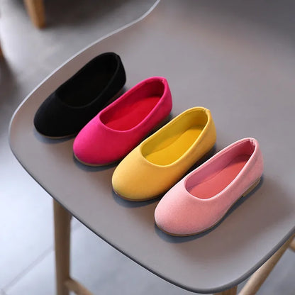 Girls Flat Leather Shoes Kids Casual Flats Candy Color Slip-on Loafers Flock Fabric Simple Chic Princess Children's Black Shoes