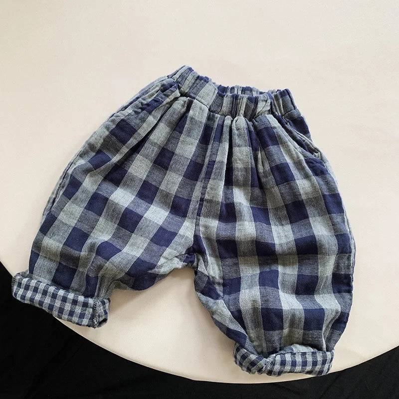 Children's Retro Blue Plaid Trousers 2024 Spring Autumn New Korean Boys And Girls Double-Layer Cotton Casual Harem Pants WTP121