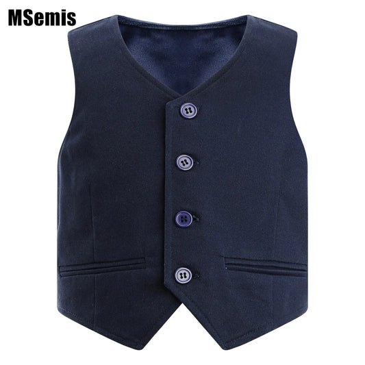 Kids Boys Formal Vest Gentlemen Party Wear Classics Solid Color V-neck Back Strap Pointed Waistcoat Stage Performance