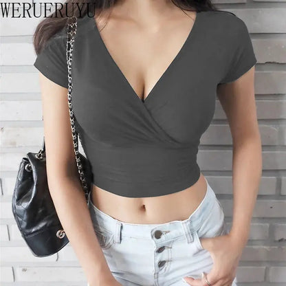 New Summer Black Sexy V-neck T-shirt Short Sleeve Y2k Crop Top Women Clothes Streetwear Korean Fashion Corset Tops Tshirts 2023