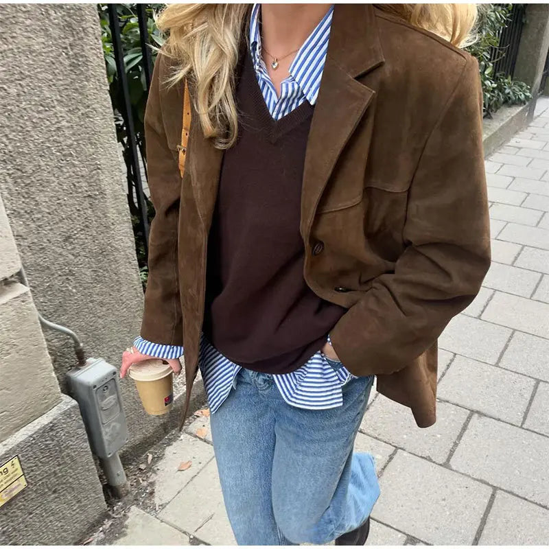 Vintage Brown Blazer Women Suede Leather Jacket Autumn Fashion Single Breasted Lapel Loose Coats Street Office Lady Outerwears