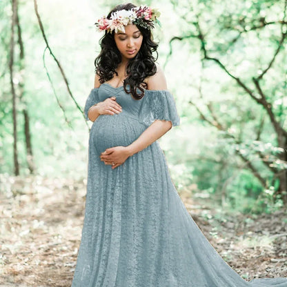 Women Maternity Gown Robe for Photo Shoot  Pregnancy Clothes Dresses Beautiful Lace Tail Short Sleeve Dress