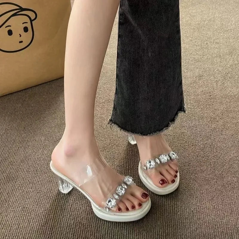 Chunky Platform High Heels Sandals Women Summer 2024 Shiny Crystal Transparent Pvc Sandals Woman Clear Thick Heeled Party Shoes