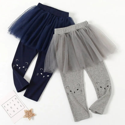 2024 Spring Autumn 2 3 4 6 8 10 Year Child Full Length Capri Pants Cartoon Cat Culottes Lace Skirt Leggings For Baby Kids Girls