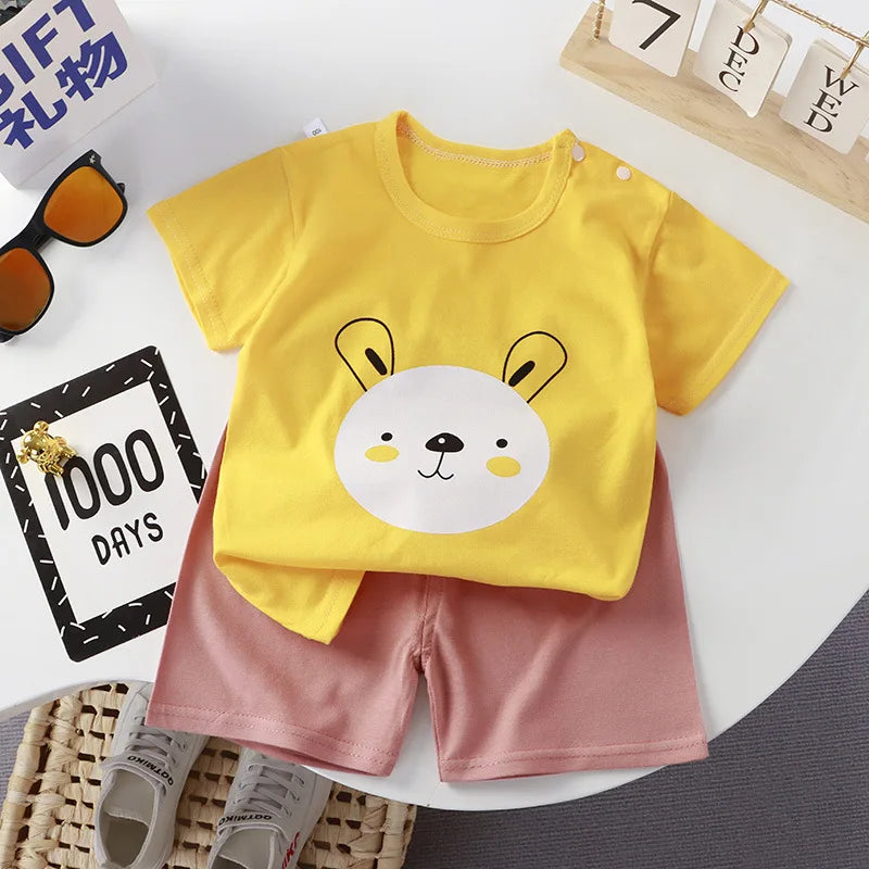 2023 Summer Infant Toddler Short Sleeves Shorts Set Baby Girls Boys Cotton Cartoon Pullover T-shirt+Shorts Two-piece Suit 0-6Y