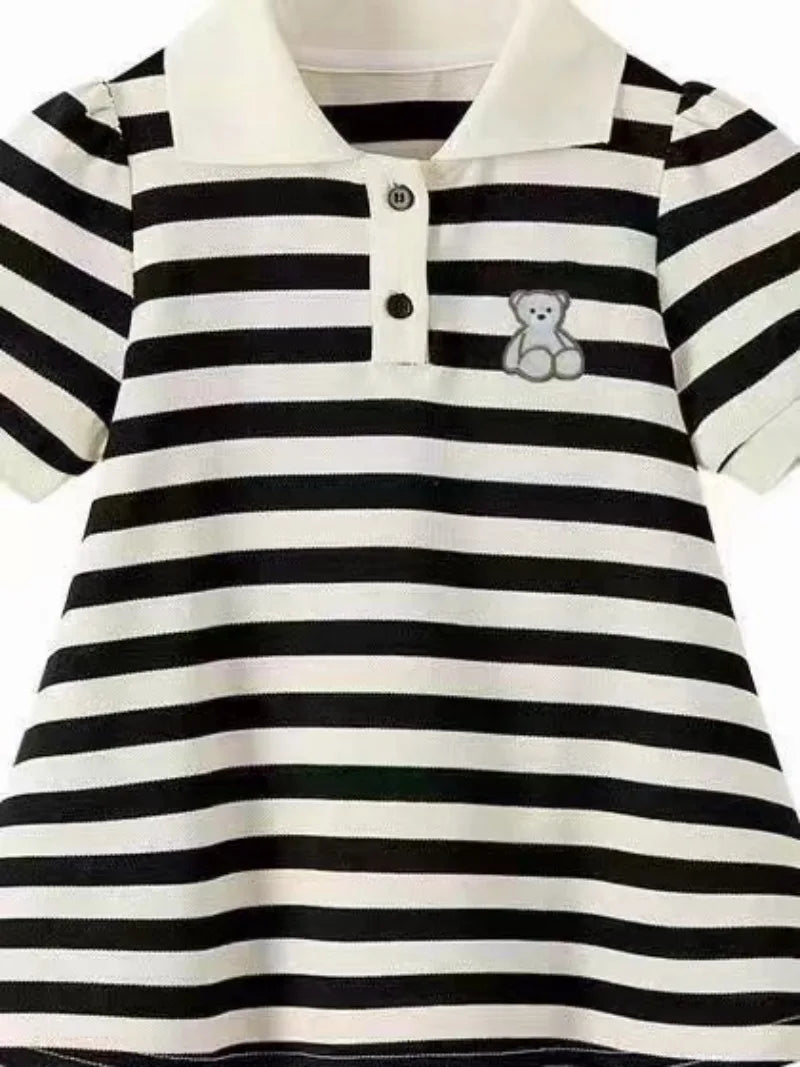 Girls Stripe Bear Polo Dress Summer Short Sleeve Flip Collar Baby Academy Style Trendy Dress Girls Aged 2-10