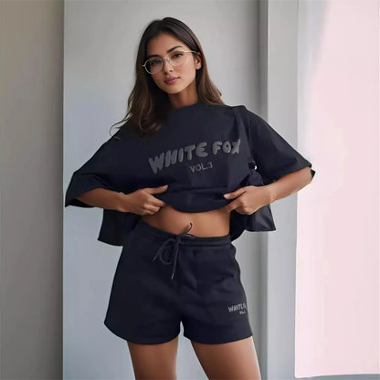 Summer Printed Letter Retro Women Short Pants Ladies Chic Drawstring Solid T-shirt Pullovers Aesthetic 2 Piece Oversized Outfits