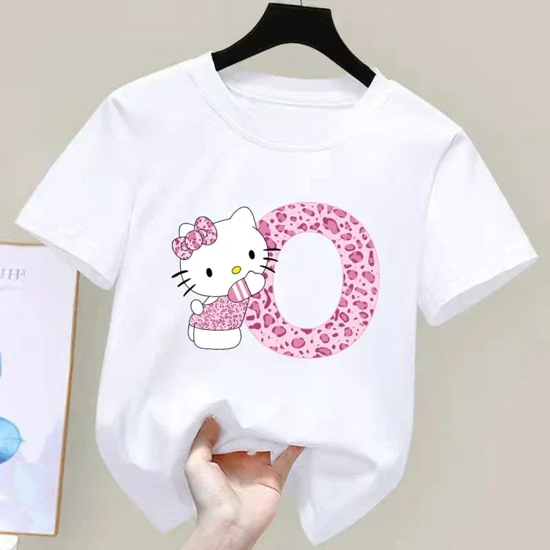 Summer Hello Kitty Letter A-Z Children Short Sleeved Cotton T-shirt Cartoon Printed Top Kid Girl Clothing Birthday Gift Baby Tee