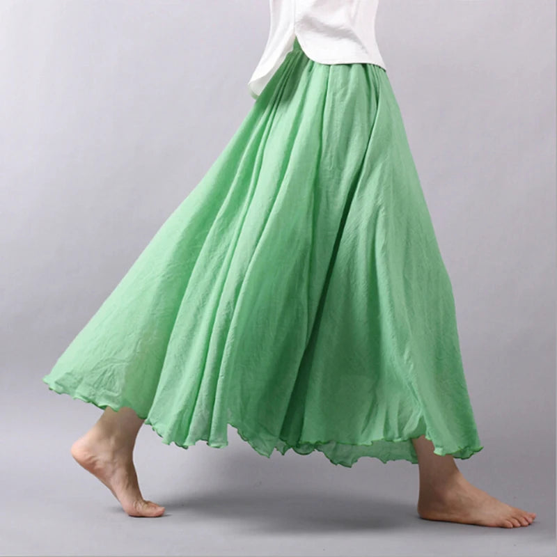 Women Linen Long Skirts Elastic Waist Pleated Maxi Skirts Beach Boho Vintage Summer Skirts Faldas Saia 14 Colors