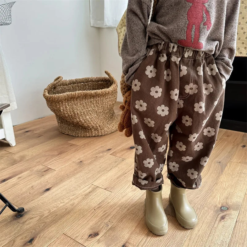 Autumn New Children Loose Trousers Vintage Flower Print Girls Harem Pants Baby Boys Casual Pants Cotton Baby Trousers Clothes