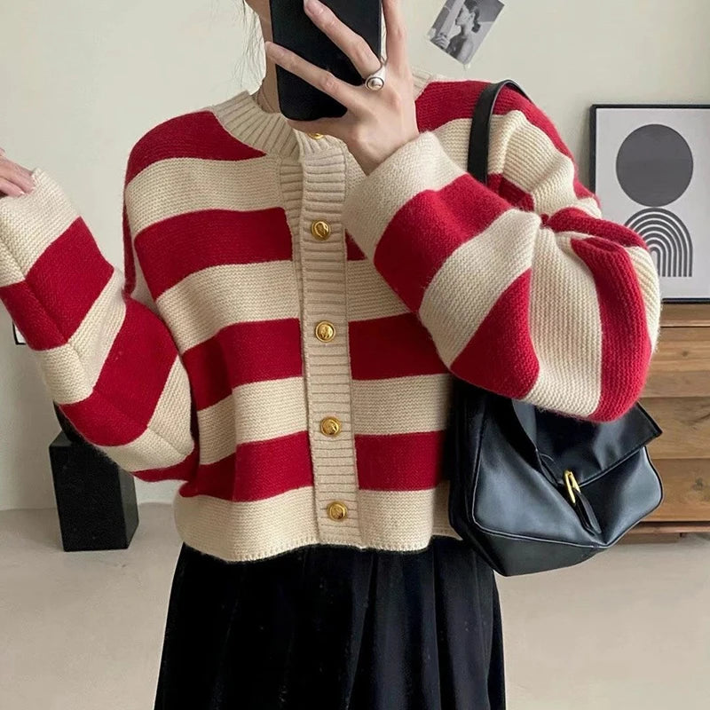 Striped Knitted Cardigans Women 2023 Autumn Winter Button Up Loose Cardigan Sweaters Woman Korean Style Long Sleeve Knitwear