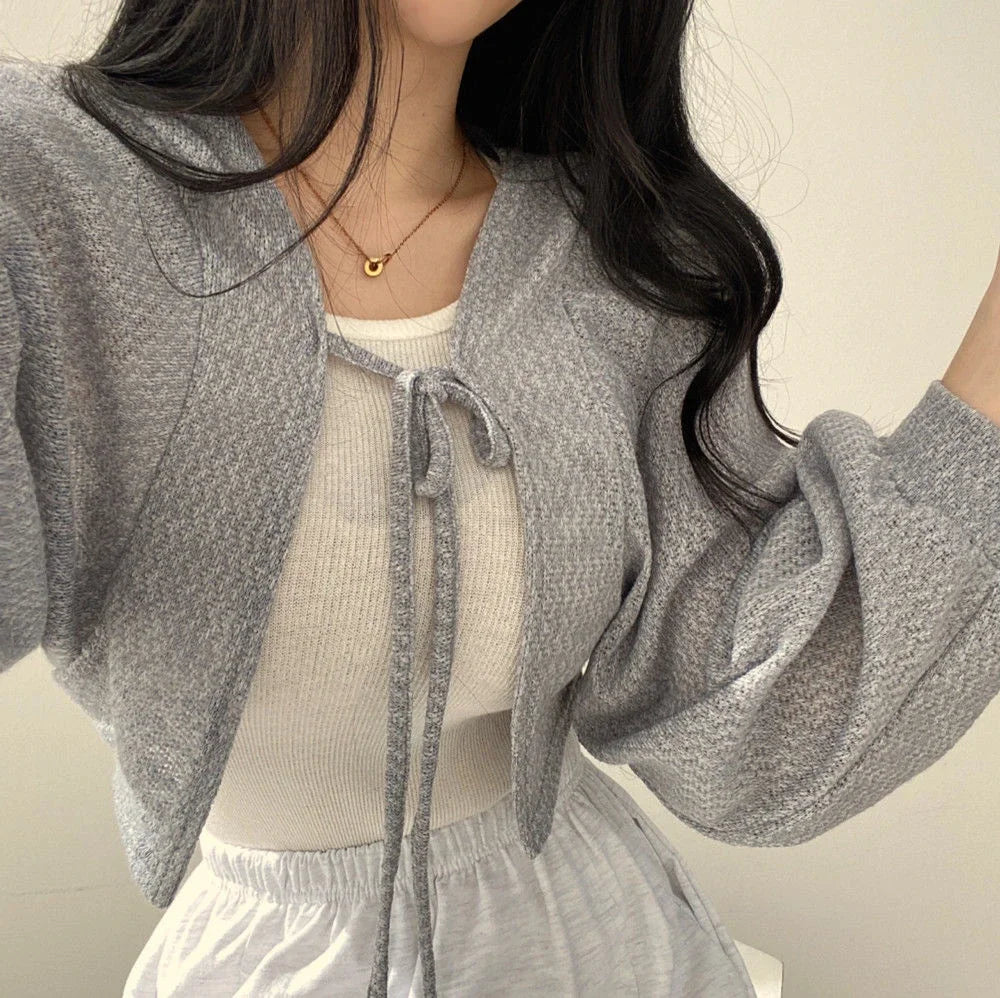 Thin White Cardigan Women Summer Sunscreen Lace-up Knitwear Tops Lady Korean Style Casual Lantern Sleeve Short Sun Protected Top