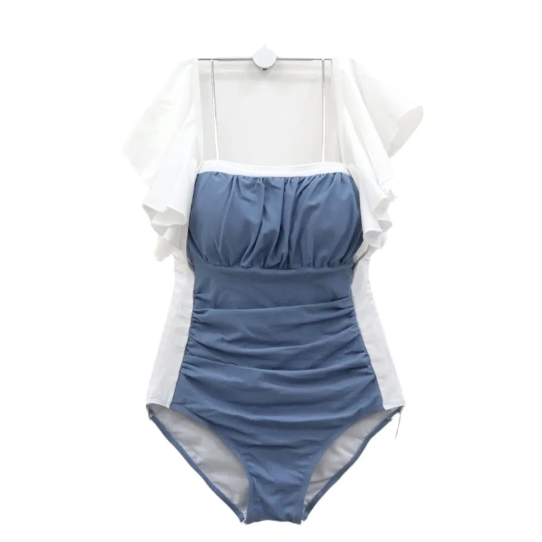 2024 Sexy Ruffle Bandeau One Piece Swimsuit Women Solid Blue Swimwear Female Monokini Halter Bathing Suit Pool Beachwear Korean