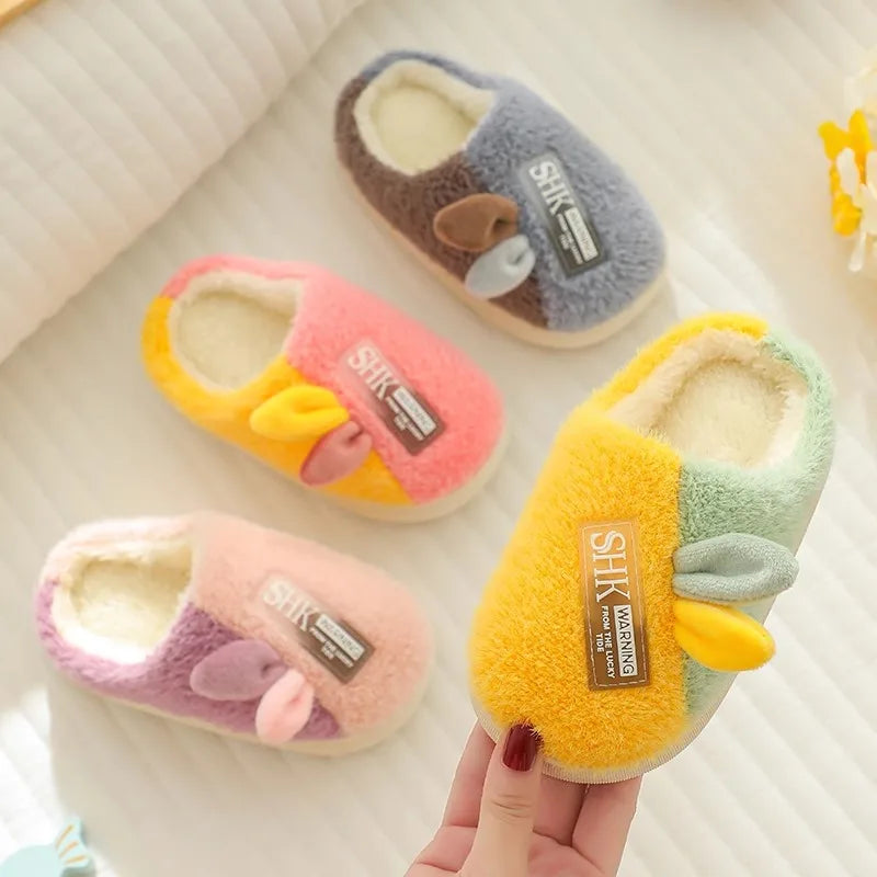 Children's cotton slippers parent-child shoes with thick velvet and soft sole  cartoon boy and girl children's woolen slippers