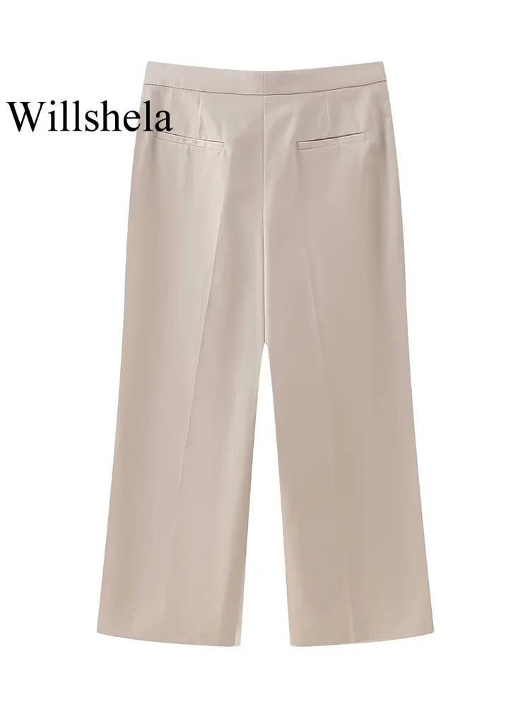 Willshela Women Fashion Two Piece Set Khaki Blazer With Pockets & Vintage Front Zipper Trousers Feamle Chic Lady Pants Sets