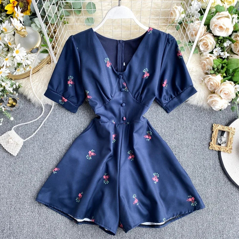 Summer Women's Jumpsuit Korean Vacation Style V-neck Print High-waisted Wide-leg Jumpsuit New Female Slim Jumpsuits DE651