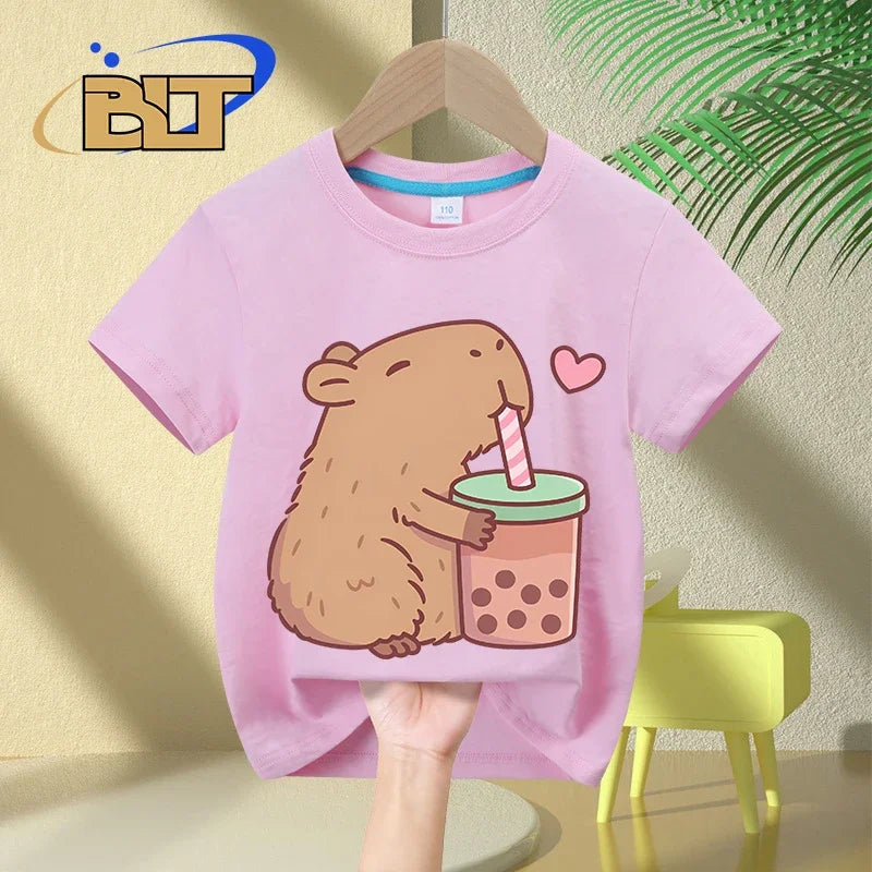 Cute Capybara Loves Bubble Tea print kids T-Shirt summer children's short-sleeved casual tops boys and girls gifts