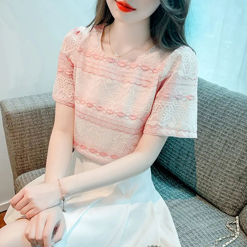 Women Stylish Contrast Color Hollow Lace Sweet Chic Short Sleeve T-shirt 2024 Summer Female Korean Style Casual O Neck Slim Tops