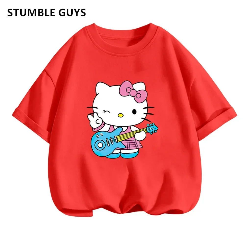 New 3-14 Years Children Short Sleeves T-shirt Cartoon Hello Kitty Tshirt Girls Tops Kids Baby Boys Clothes Men Women Tshirt Set