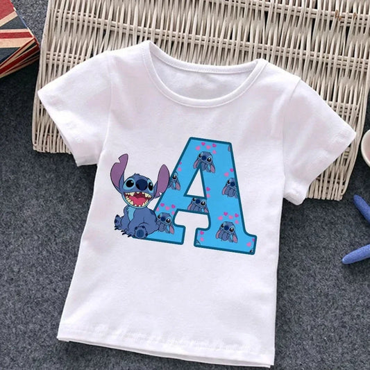 Stitch Letter A B C D Children  T-Shirt Name Combination Tee Shirts Cartoons Kid Casual Clothes Girl Boy Harajuku Tops