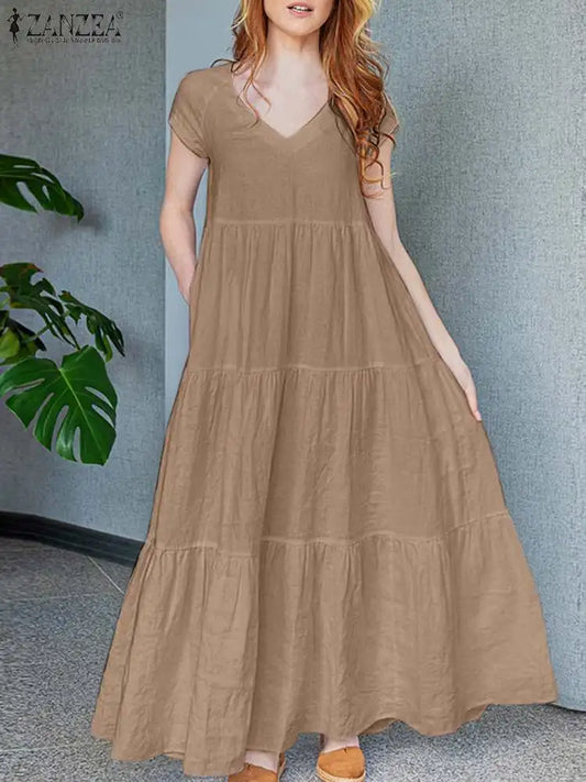 2024 ZANZEA Summer Maxi Long Dress Women Bohemian Holiday Sundress V Neck Short Sleeve Robe Femme Casual Loose Ruffles Vestidos