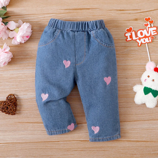 PatPat Baby Girl 100% Cotton Heart Embroidered Denim Pants Jeans Perfect for Outings and Daily Wear Basic Style