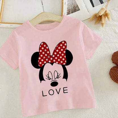 Disney Series Mickey Minnie Anime Clothes T-shirt Boy Girl Casual Summer White Pink Cotton Children's Clothing Baby Kawaii Tees