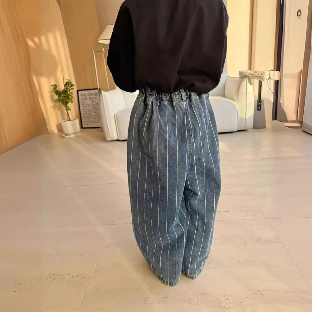 2024 Spring Summer Kids jeans fashion Boys Vertical stripes denim wide leg pants Girls loose casual Trousers