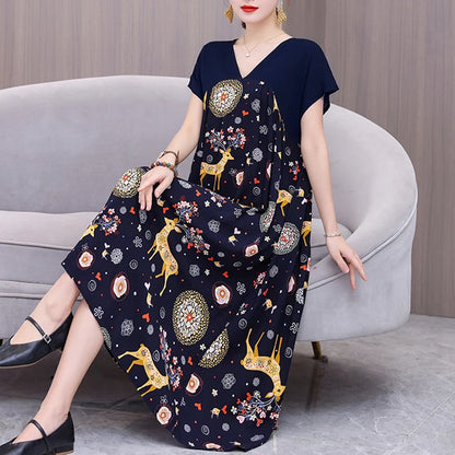 New Fashion 2024 Women Summer Dresses V-neck Casual Print Vintage Plus Size  Female Dresses