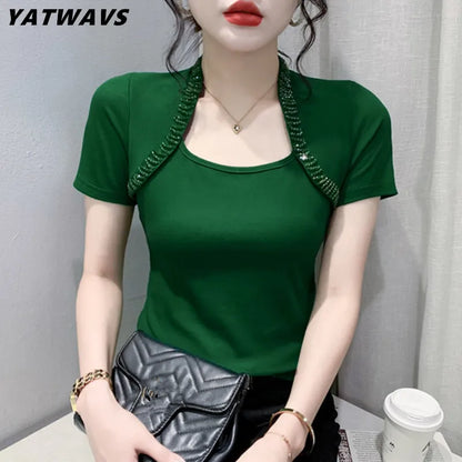 New Summer Korean Chic Women T-Shirt Fashion Sexy Square Neck Beading Tees Brand Girl Short Sleeved Slim Cotton Tops Blusas