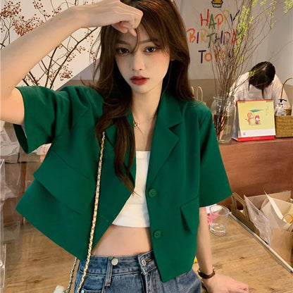 Korean Style Cropped Blazers Women 2023 Summer Thin Short Sleeves Suit Jacket Woman Solid Color Single-Breasted Outwear Coats