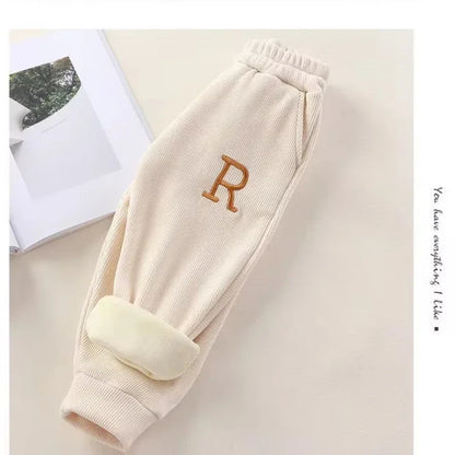 Baby Girls Boys Fleece Pant Kids Letter Pants Thicken Warm Trousers 2024 Fall Winter 1 To 10Yrs Children's Clothing Korean Style