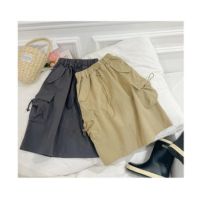 Girl Mid-length Skirt Children Clothing Kids Casual Cargo Skirt Fashion Personality Slit Solid Color Pocket Half Frock Summer