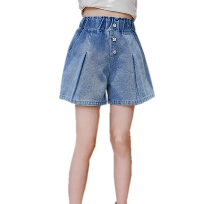 Big Girls Denim Blue Color Short Jeans Kids Elastic Waist Shorts Pants Teenager Summer Casual Short Pants 5 7 8 9 11 12 14 Years