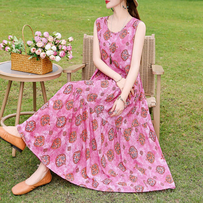 New Fashion Boho Long Dress for Women O-Neck Sleeveless Print Large Beach Long Dress Elegant Women's Dress 2024